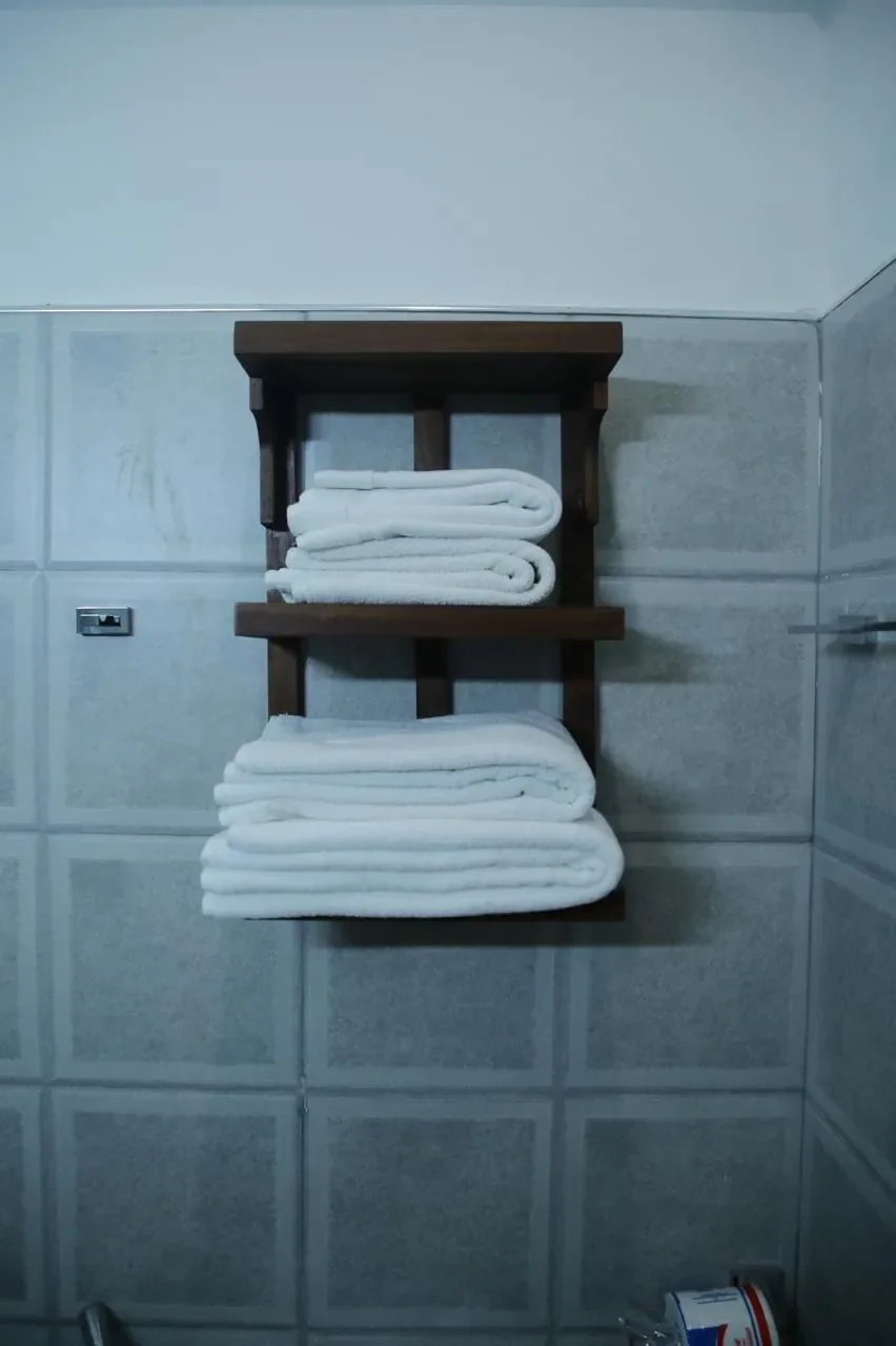 Fresh towels on bathroom shelf