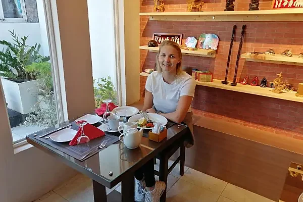 Breakfast table with guests